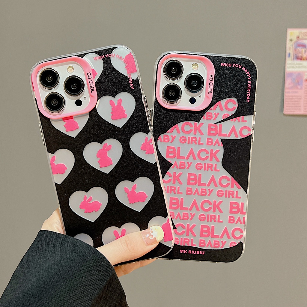Ốp Điện Thoại TPU Mềm Nhám Họa Tiết Thỏ Hoạt Hình Màu Đen / Hồng Cho iPhone 11 13 12 14 Pro Max