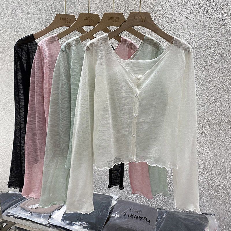 Áo Khoác Cardigan Ngắn Tay Dài Màu Trơn Bằng Lụa Sáp Mềm Mỏng Mùa Hè Dễ Phối Đồ Cho Nữ