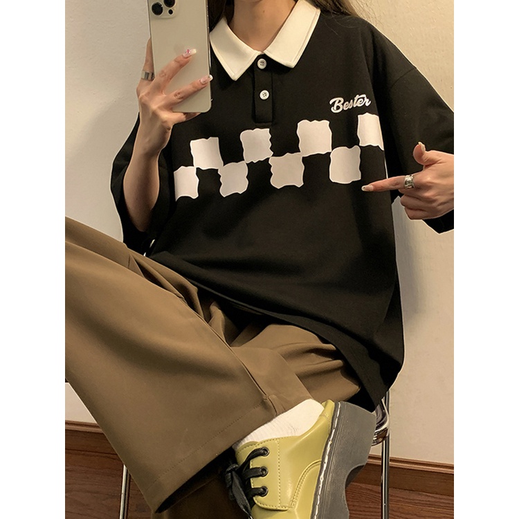 Áo Thun polo Tay Ngắn Dáng Rộng Bằng Cotton Tinh Khiết Mỏng Nhẹ Họa Tiết Kẻ Ô Cho Mùa Hè
