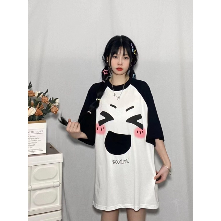 Áo Thun Raglan Tay Ngắn In Họa Tiết Biểu Tượng Cảm Xúc Nặng Gram Dễ Thương Thời Trang Mùa Hè Cho Nữ