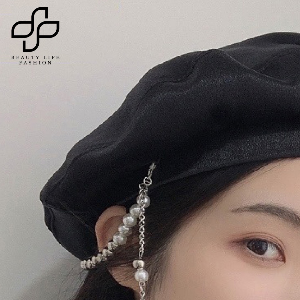 Nón Beret Không Vành Đính Ngọc Trai Giả Màu Trơn Thời Trang Cho Nữ