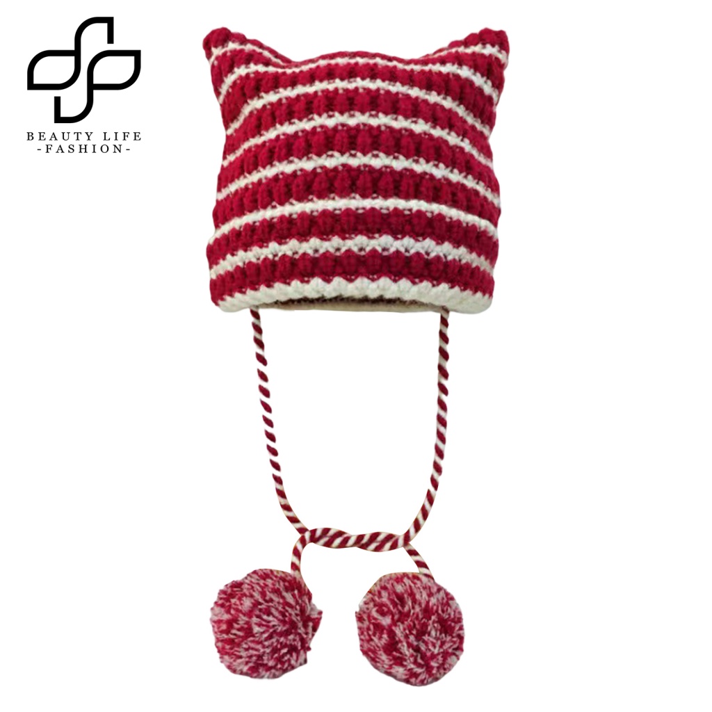 Mũ Len Beanie Mềm Mại Giữ Ấm Mùa Đông Đính Quả Bông Sọc Màu Tương Phản Dành Cho Nữ