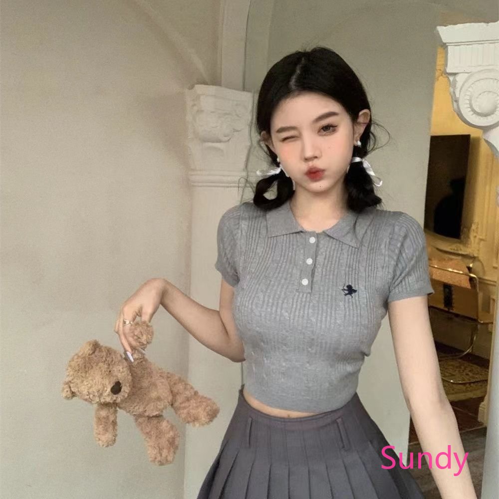 Áo Croptop Tay Ngắn Cổ Polo Thời Trang Mùa Hè Cho Nữ