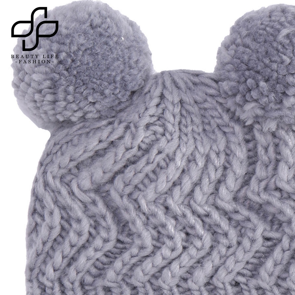 Beautylife Mũ Len Beanie Dệt Kim Dày Dặn Co Giãn Đính Hai Quả Bông Màu Trơn Thời Trang Thu Đông Dành Cho Bé Trai Bé Gái