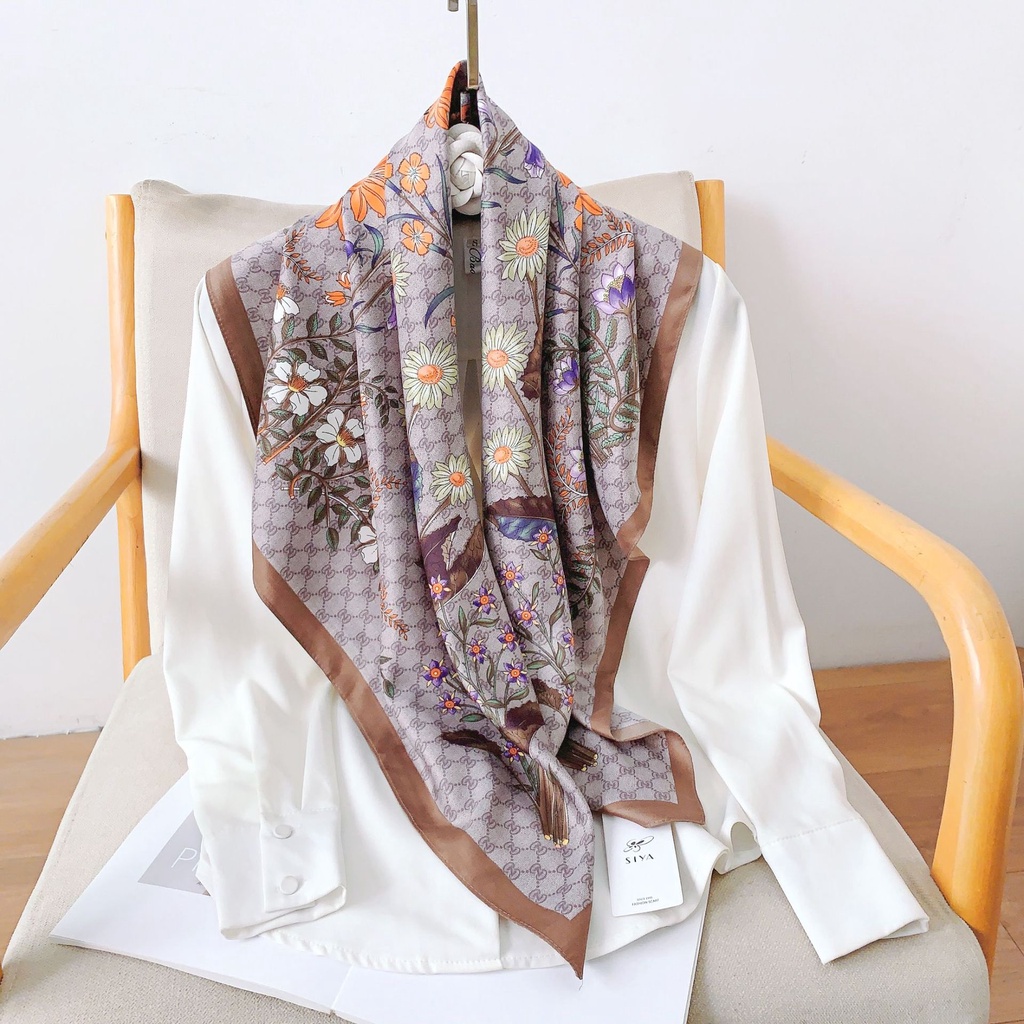Khăn Quàng Cổ Lụa Hình Vuông Cỡ Lớn 90 * 90cm Chống Nắng Mùa Hè Dễ Phối Đồ In Họa Tiết Hoa Cho Nữ