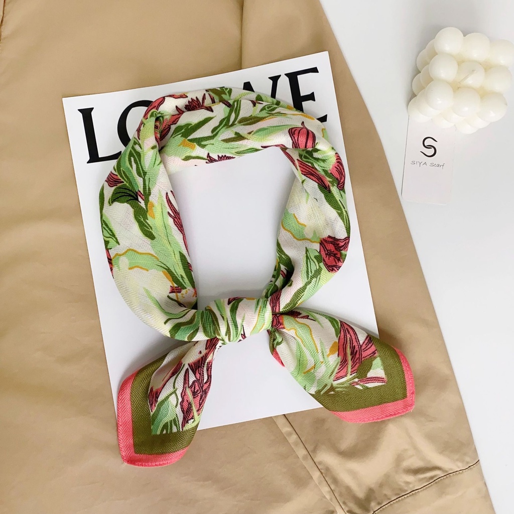 Khăn Quàng Cổ Nhỏ Bằng Lụa Cotton In Hoa Màu Xanh Lá Phong Cách Hàn Quốc Cổ Điển 68 * 68cm Dành Cho Nữ