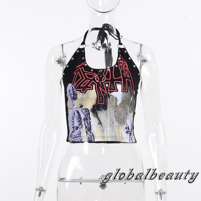 Áo Croptop Sát Nách Hở Lưng In Họa Tiết Đầu Lâu Đính Đinh Tán Phong Cách Gothic Thời Trang Mùa Hè Cho Nữ