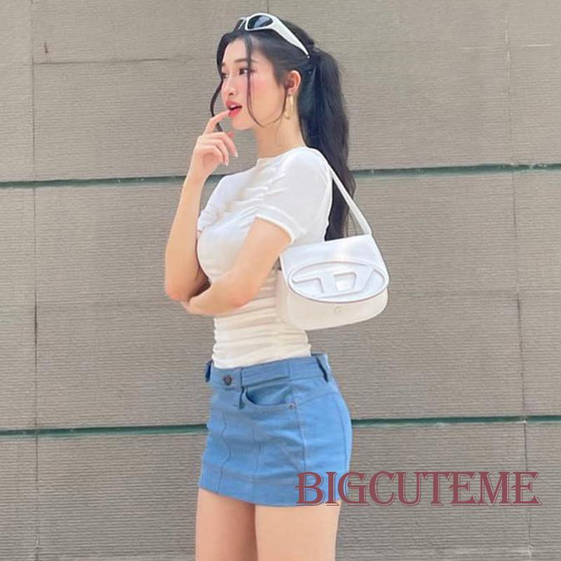 Áo Thun Ngắn Tay Cổ Tròn Xếp Ly Màu Sắc Đơn Giản Thời Trang Mùa Hè Cho Nữ