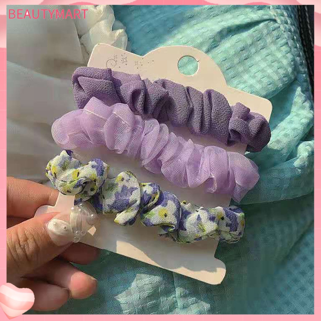 Set 3 Dây Cột Tóc Cao Su Bọc Vải Chiffon Co Giãn In Họa Tiết Hoa Tươi Mới