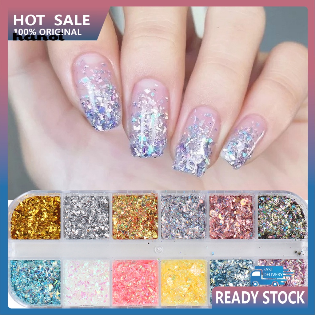 Hộp 12 Ngăn Lá Vàng / Bạc Lấp Lánh Trang Trí Móng Tay DIY