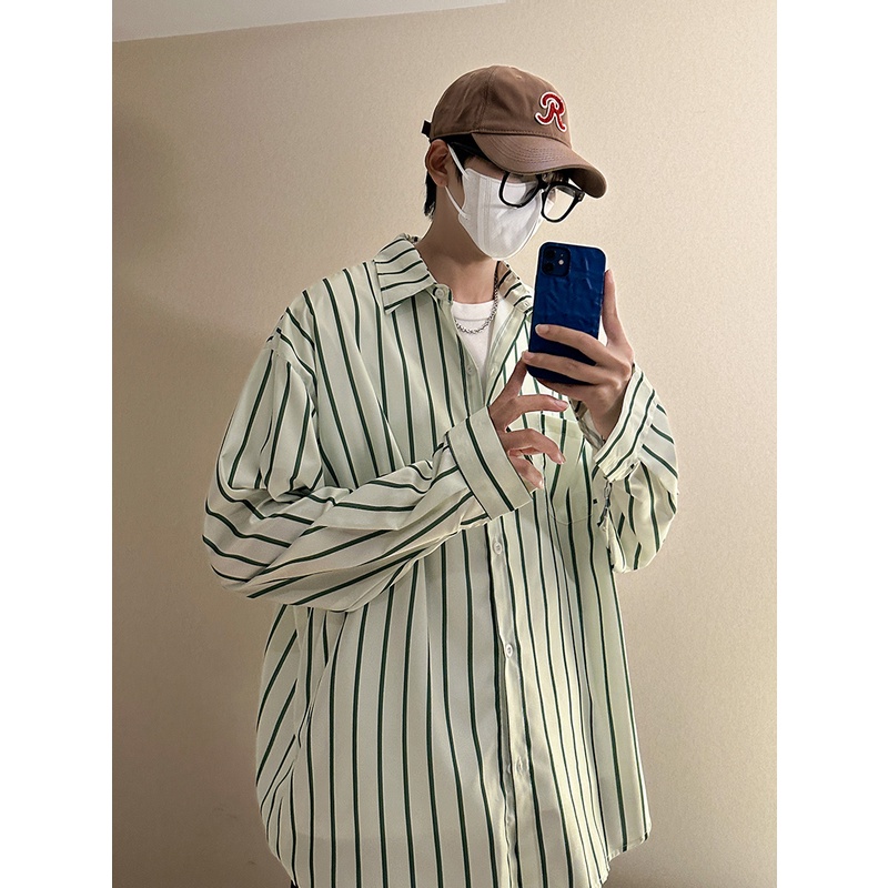 Áo Sơ Mi Nam Dài Tay Dáng Rộng Họa Tiết Kẻ Sọc Phong Cách Retro Nhật Bản