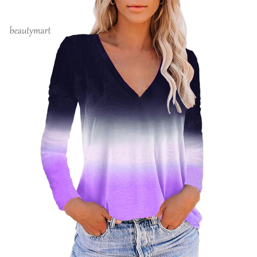 Áo Thun DàI Tay Cổ Chữ V In MàU Gradient beautymartm1 Cho Nữ