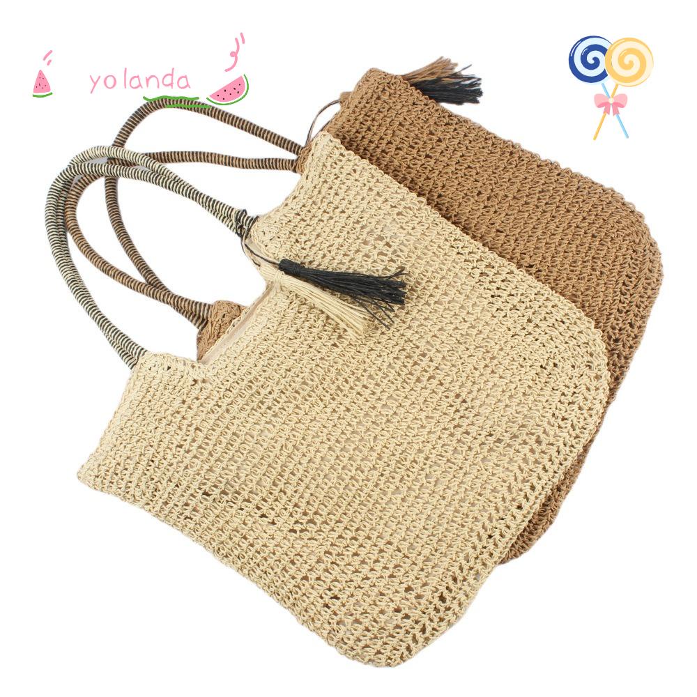 Túi Dệt Màu Trơn Sức Chứa Lớn Phối Tua Rua Cho Nữ