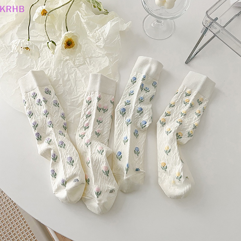 1 Đôi Tất Cotton Trắng In Hình Hoa Tulip Phong Cách Harajuku Nhật Bản Đáng Yêu Cho Nữ Mới