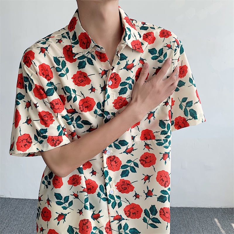 Áo Sơ Mi Ngắn Tay Dáng Rộng In Họa Tiết Hoa Thời Trang Harajuku Nhật Bản Cho Nam