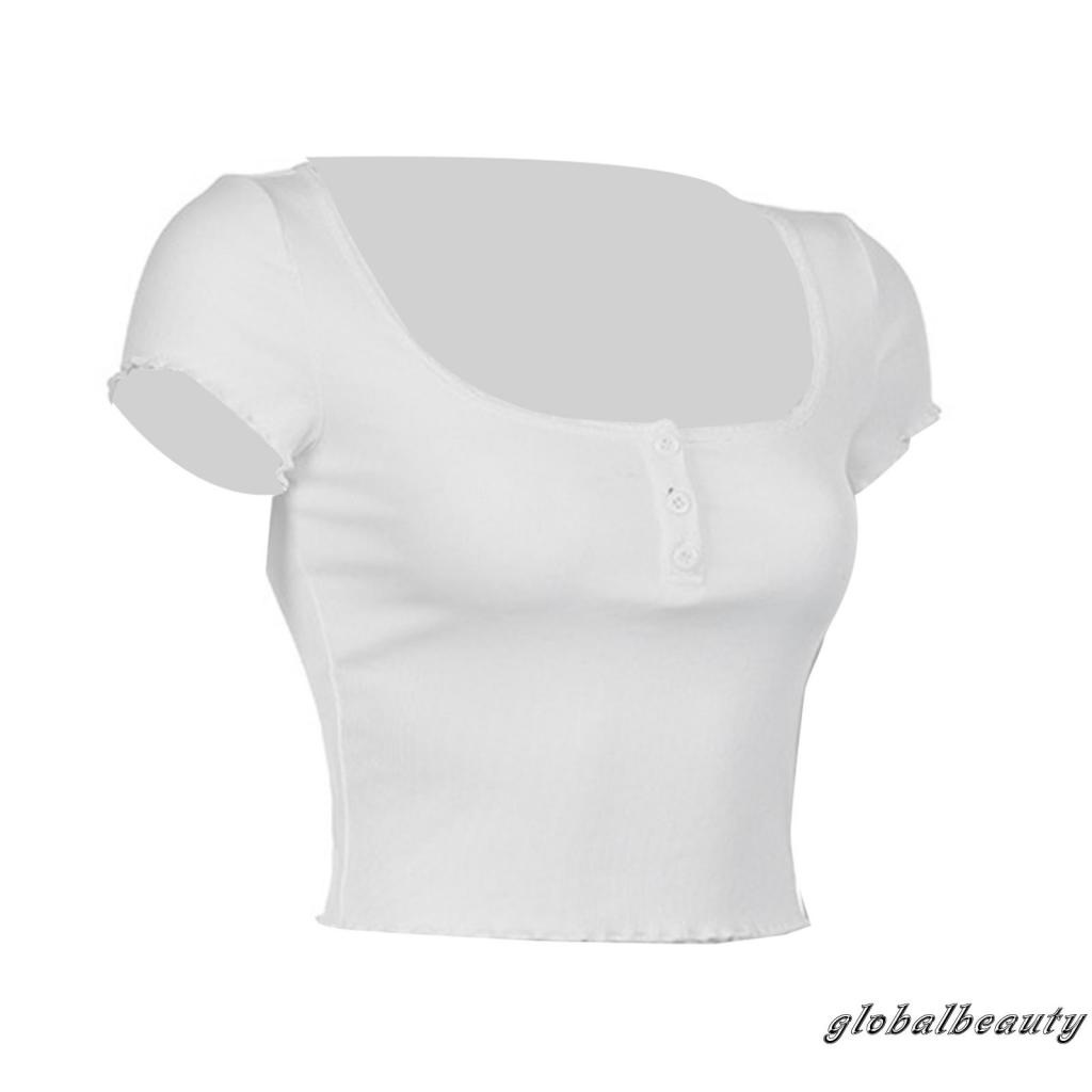Áo Croptop Dệt Kim Ngắn Tay Cổ Vuông Phối Nút Phong Cách Đường Phố