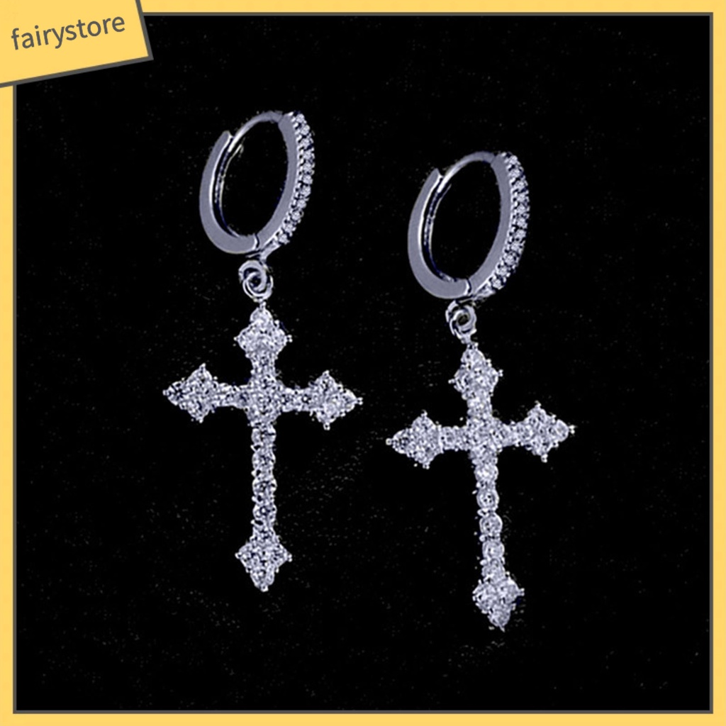 1 Đôi Bông Tai Hình Chữ Thập Lấp Lánh Phong Cách Hip Hop