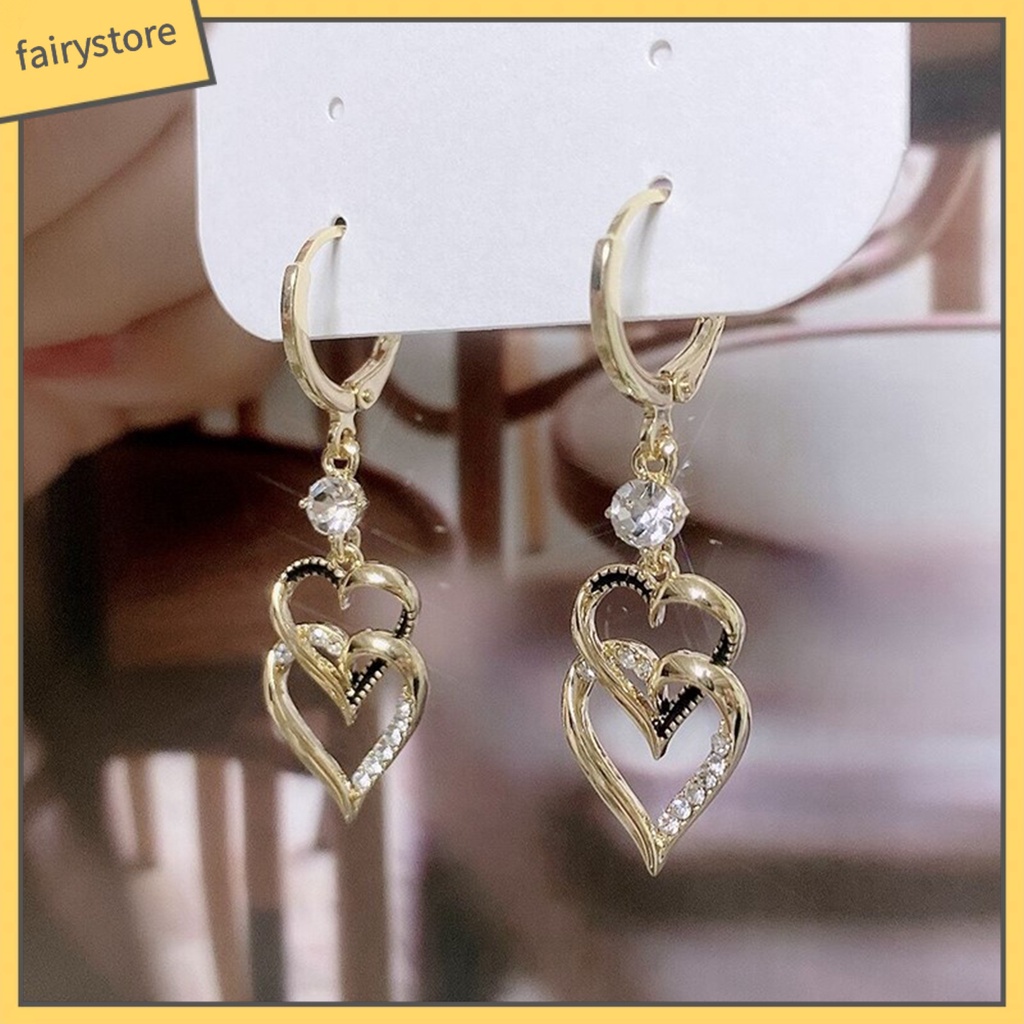 1 Đôi Bông Tai Hình Trái Tim Hai Lớp Đính Đá Lấp Lánh Phong Cách Hàn Quốc Thời Trang