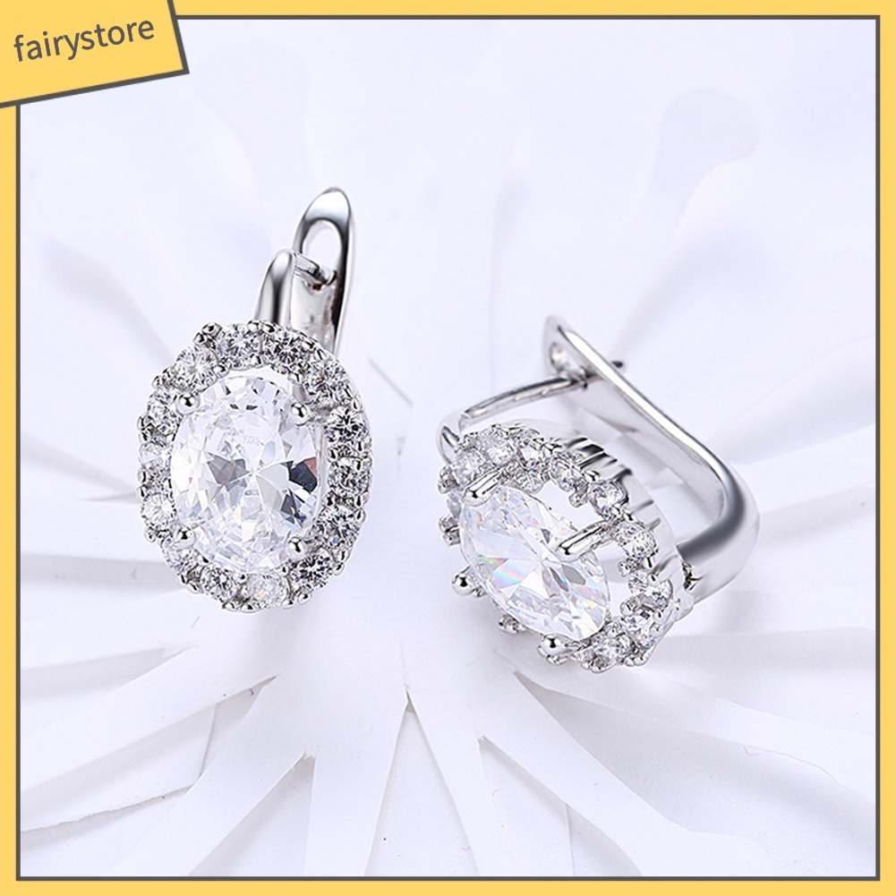 Bông Tai Hình Oval Đính Đá Zircon Sang Trọng Cho Nữ