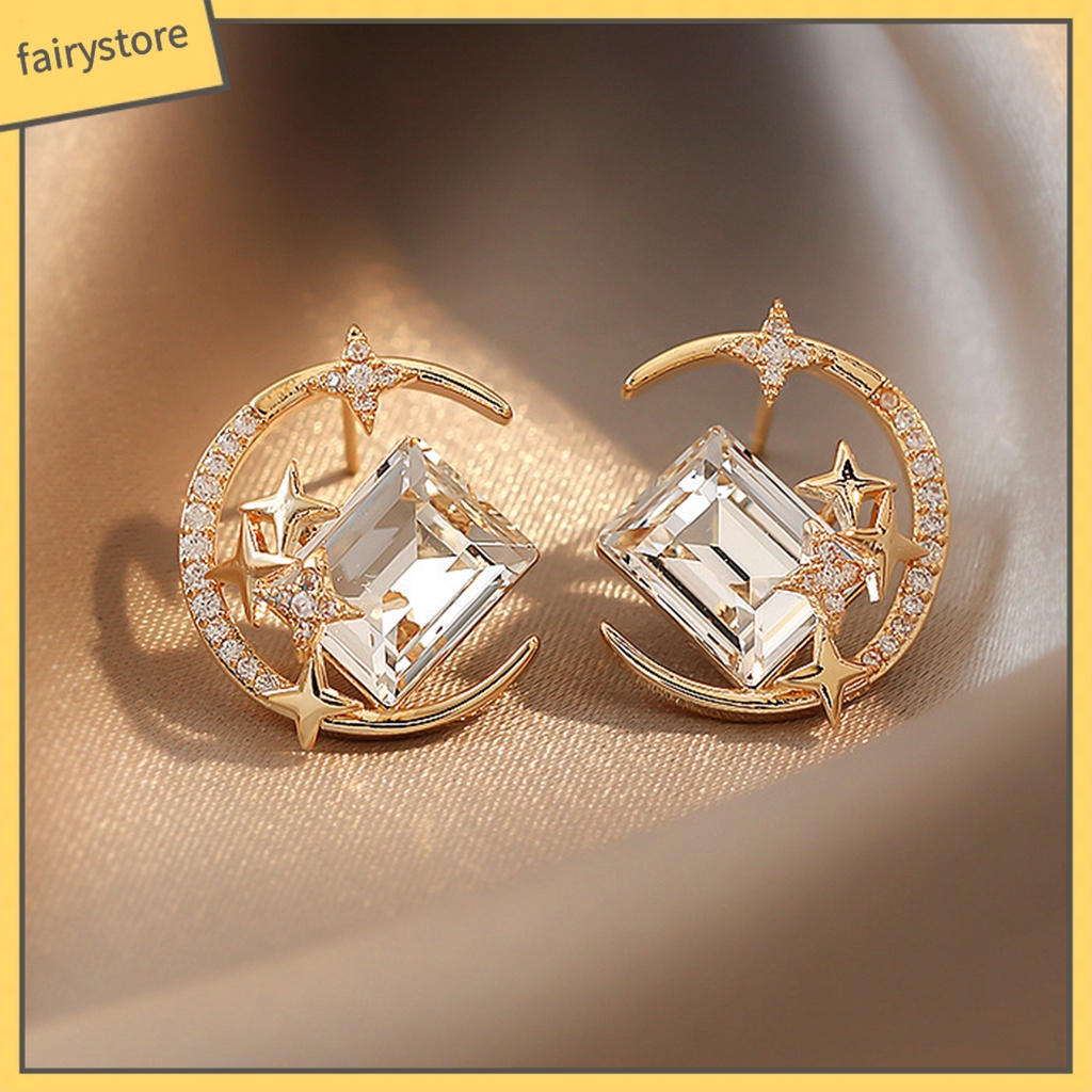 1 Đôi Bông Tai Hợp Kim Hình Ngôi Sao / Mặt Trăng Lấp Lánh Chống Oxy Hóa Thân Thiện Với Da Không Gây Kích Ứng Phong Cách Hàn Quốc Dành Cho Nữ