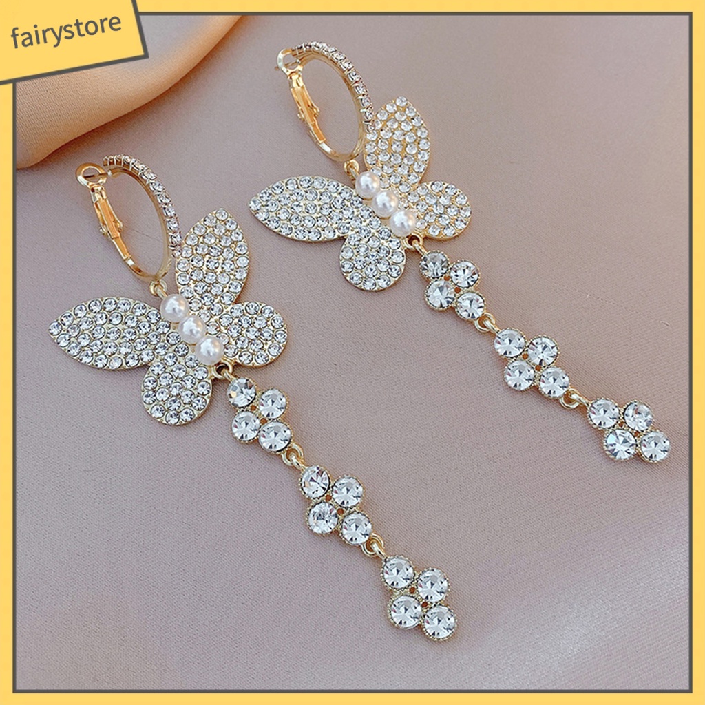 1 Đôi Bông Tai Móc Hình Bướm Đính Ngọc Trai Giả Lấp Lánh Dành Cho Nữ