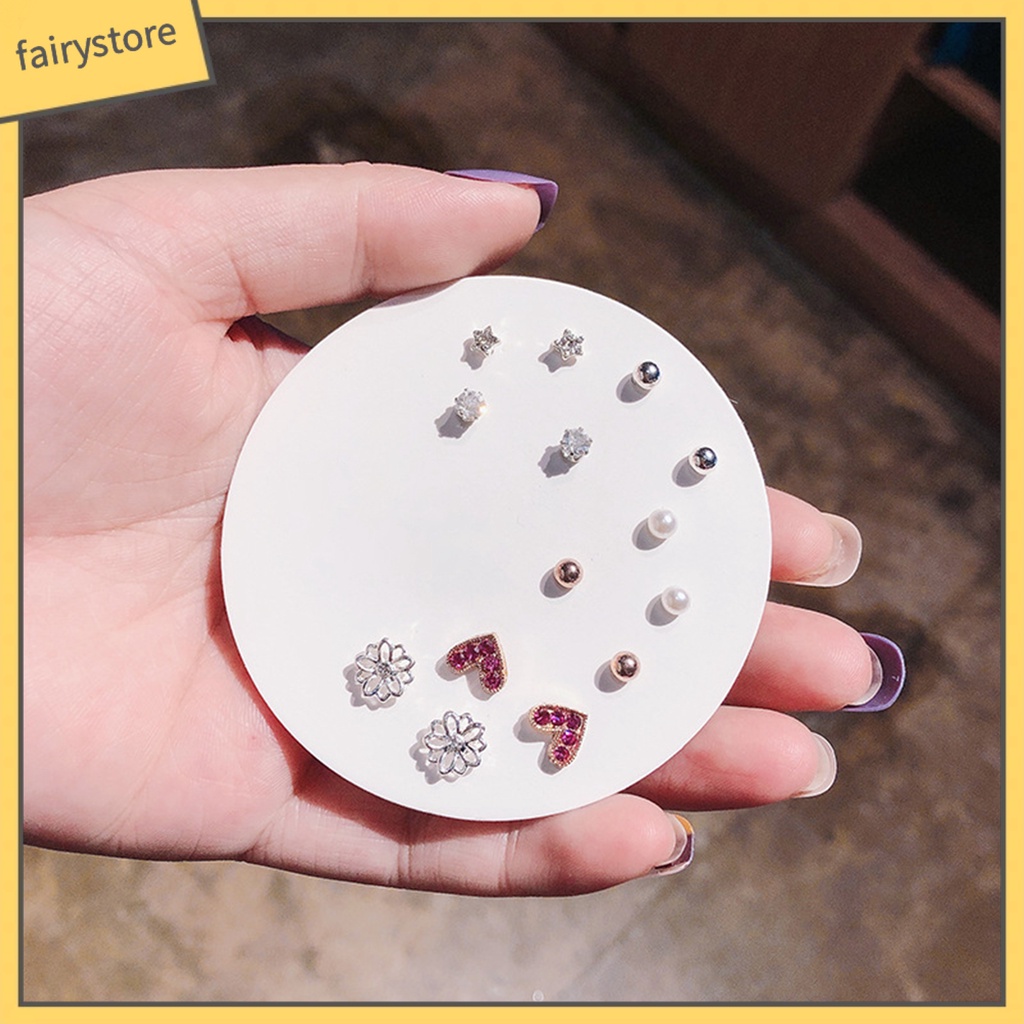 Set 6 / 7 Cặp Bông Tai Trái Tim Đính Đá / Ngọc Trai Giả Thời Trang