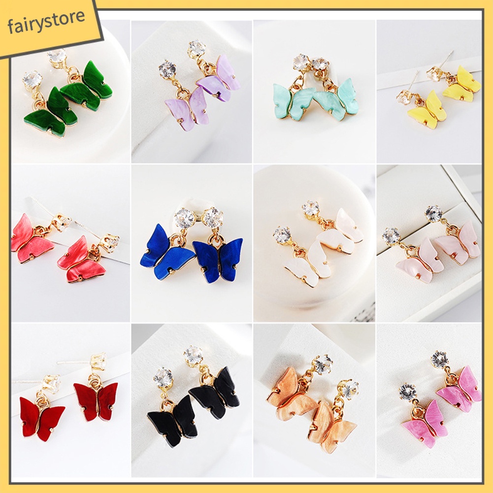 Bông Tai Hình Bướm Bằng Acrylic Đính Đá Zircon Nhiều Màu Phong Cách Đơn Giản Dành Cho Nữ