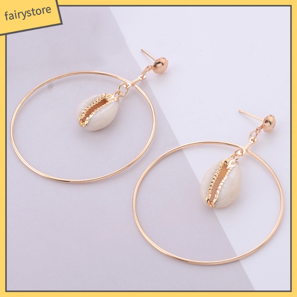 Bông Tai Hình Tròn Lớn Họa Tiết Vỏ Sò Rỗng Thời Trang Đi Biển Cho Nữ