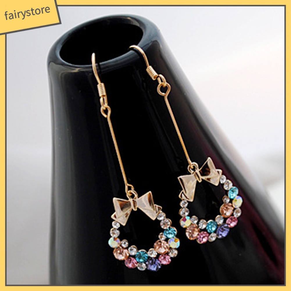 Bông Tai Tua Rua Dáng Dài Hình Nơ Đính Đá Nhiều Màu Sắc