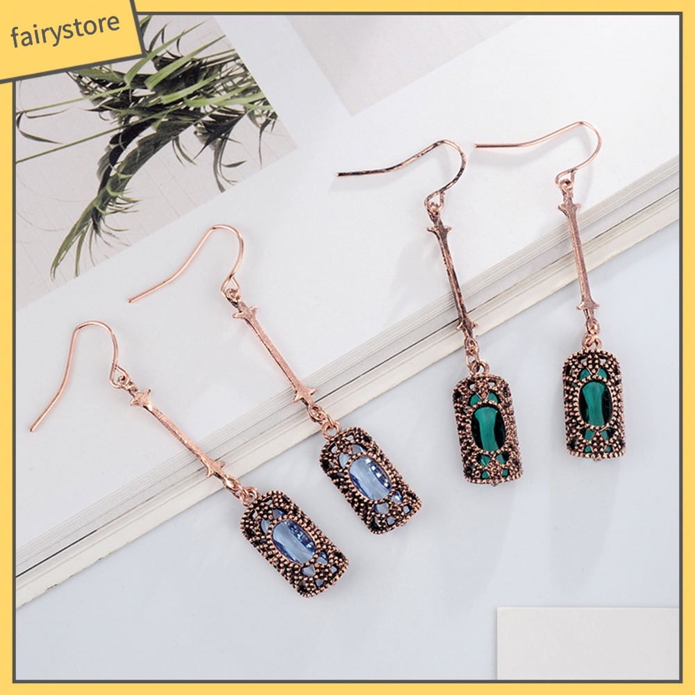 Bông Tai Dài Hình Chữ Nhật Đính Đá Zircon Phong Cách Retro Dành Cho Nữ