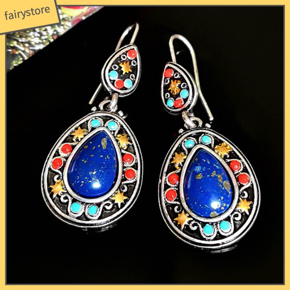 Bông Tai Hình Giọt Nước Đính Đá Ngọc Lam Giả Phong Cách Vintage Dành Cho Nữ