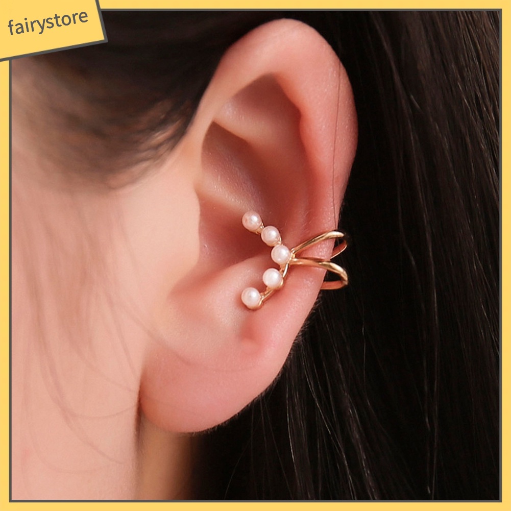 1 Khuyên Kẹp Vành Tai Đính Ngọc Trai Nhân Tạo Hình Vòng Cung Thời Trang