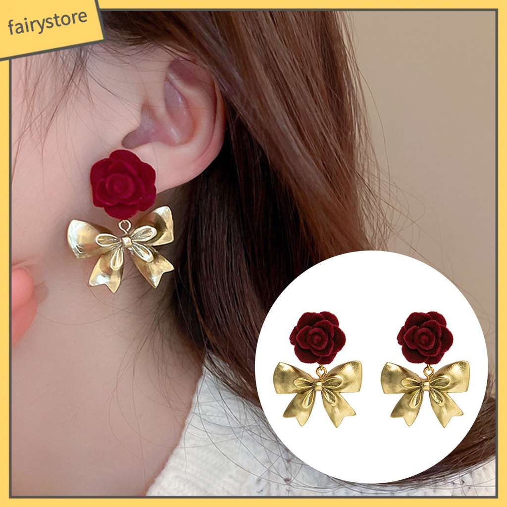 [FRO] 1 Đôi Bông Tai Thả Mạ Bạc Họa Tiết Hoa Hồng / Nơ Dáng Dài Lãng Mạn Cao Cấp