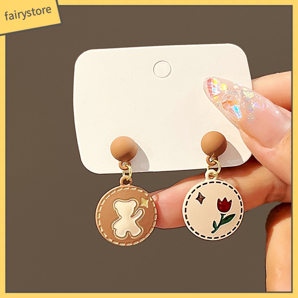 1 Đôi Bông Tai Hình Tròn Họa Tiết Hoa Hồng / Gấu Hoạt Hình Phong Cách Nhật Bản Thời Trang