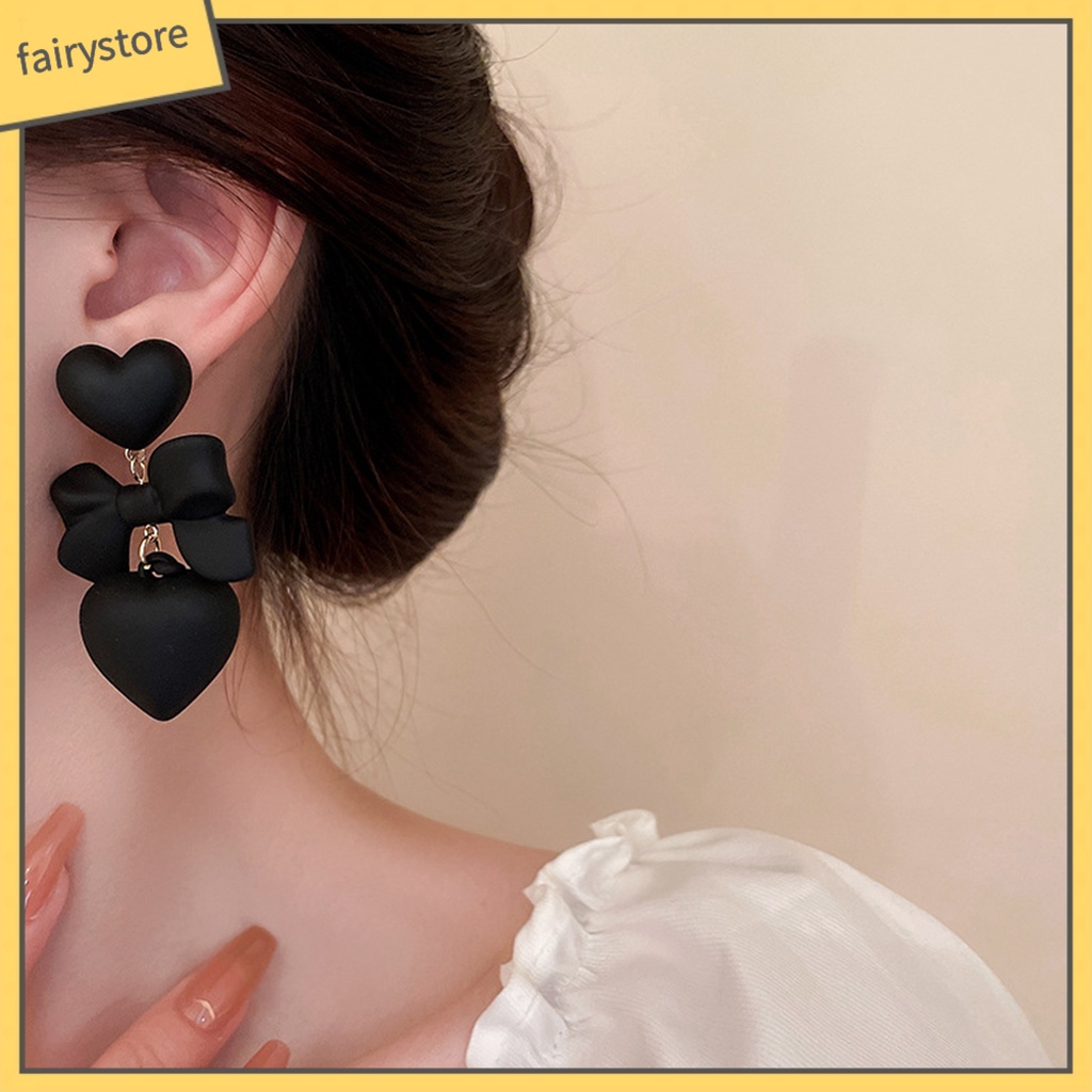 1 Đôi Bông Tai Hình Trái Tim / Nơ Màu Đen Phong Cách Gothic Thời Trang