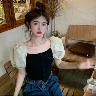 Áo thun XIANG NIAN NI tay phồng cổ vuông màu trơn đơn giản phong cách Hàn Quốc cỡ lớn cho nữ