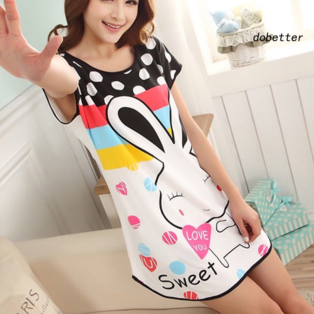 Đầm Ngủ Cotton Pha Thoáng Khí In Họa Tiết Thỏ Hoạt Hình [DO] Cho Nữ