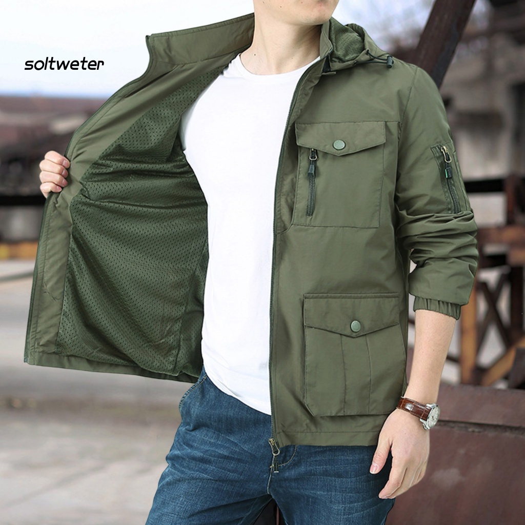 Áo Khoác Màu Trơn Mau Khô Có Khóa Kéo Có Nón Trùm Đầu Màu Sắc Trơn Dành Cho Nam