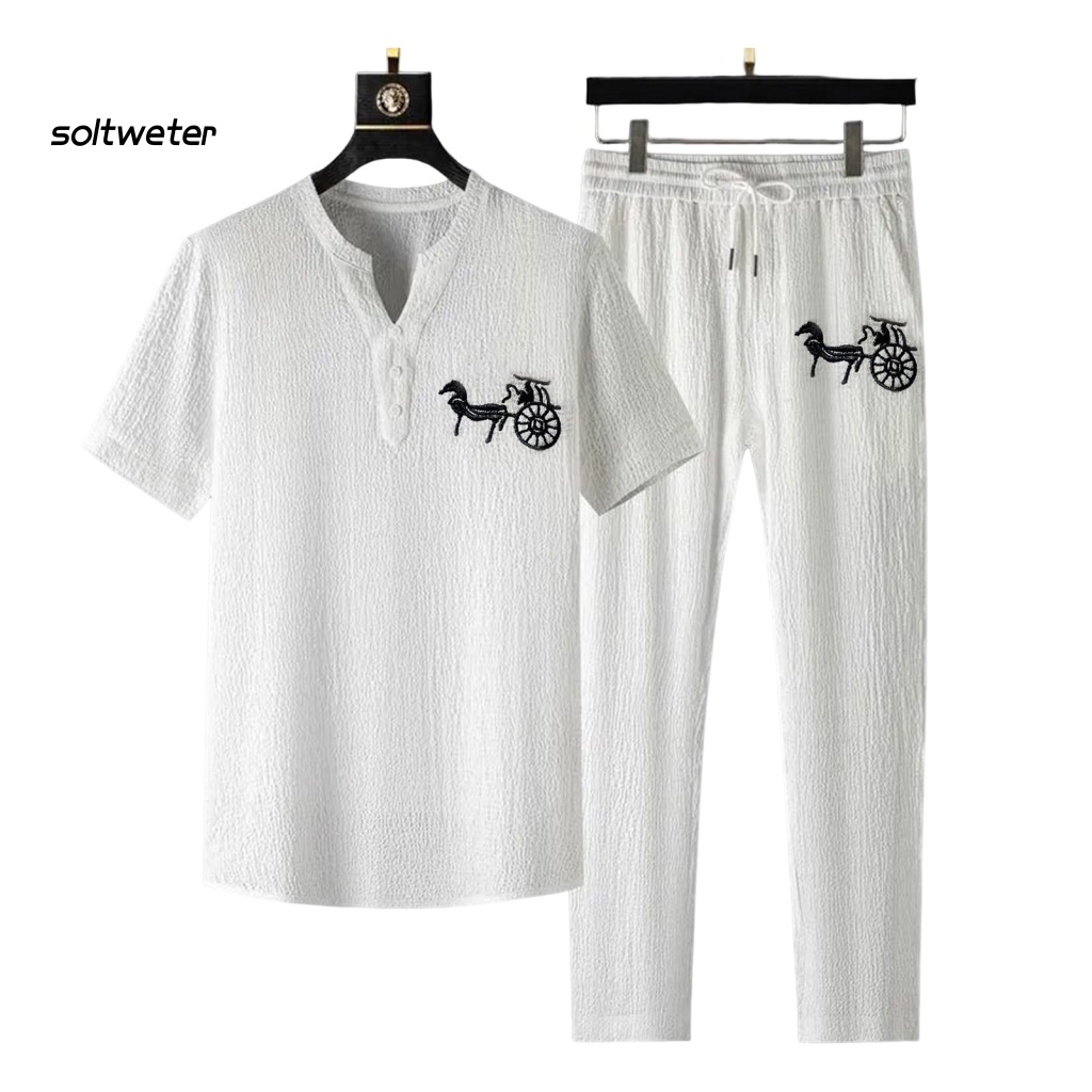 1 Bộ Áo Tay Ngắn Cổ Chữ V Màu Trơn Phối Quần Dài Đính Nút Thời Trang Mùa Hè Cho Nam