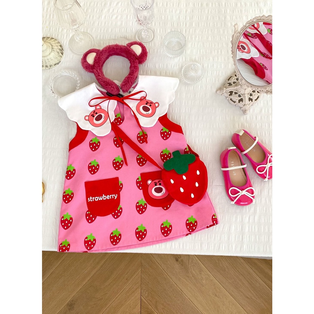 Đầm Sát Nách Cổ Bẻ In Họa Tiết Dâu Tây Hoạt Hình Dễ Thương Thời Trang Mùa Hè Cho Bé Gái