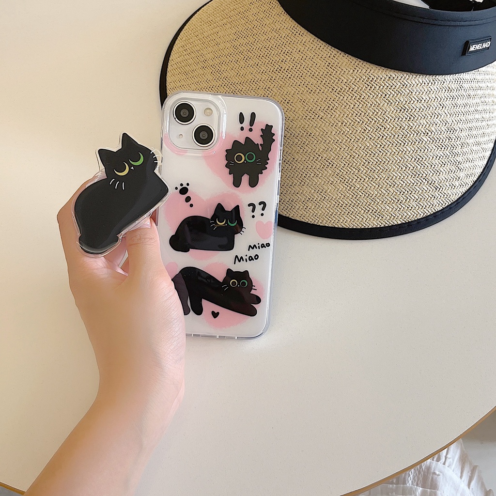 Ốp Điện Thoại imd Mềm Trong Suốt In Hình Mèo Đen Dễ Thương Có Giá Đỡ Cho iPhone 11 13 12 14 Pro Max