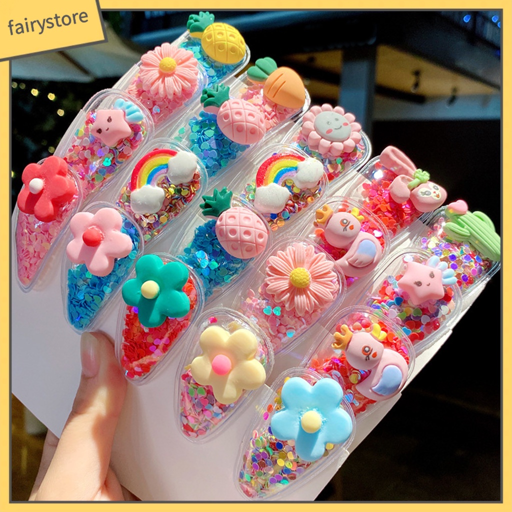 Set 5 Kẹp Tóc Trong Suốt Họa Tiết Trái Cây Phối Cát Lún Xinh Xắn Cho Bé Gái