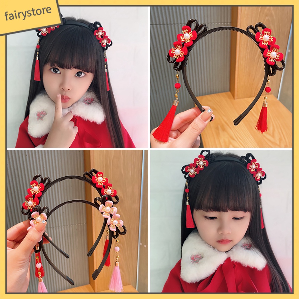 Băng Đô Nơ Đính Ngọc Trai Co Giãn Phối Bóng Lông Tua Rua Phong Cách Trung Hoa Mừng Năm Mới Cho Bé Gái