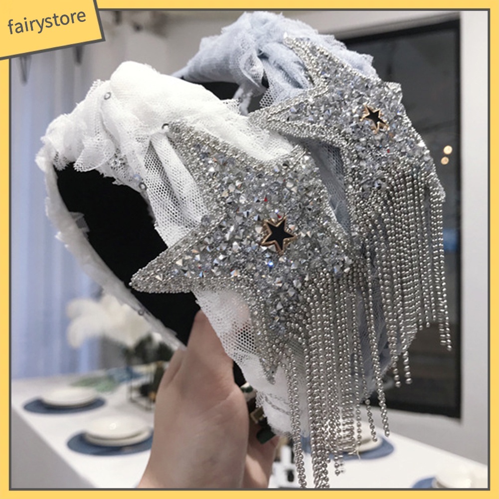 Băng Đô Cài Tóc Bản Rộng Thắt Nút Đính Đá &amp; Tua Rua Cho Nữ