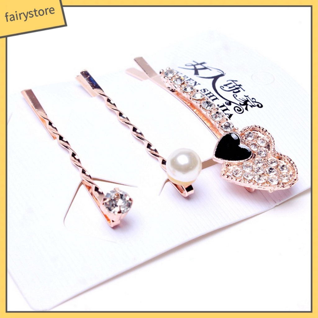 Bộ 3 Kẹp Tóc Đính Đá Họa Tiết Trái Tim / Hình Vuông Thời Trang