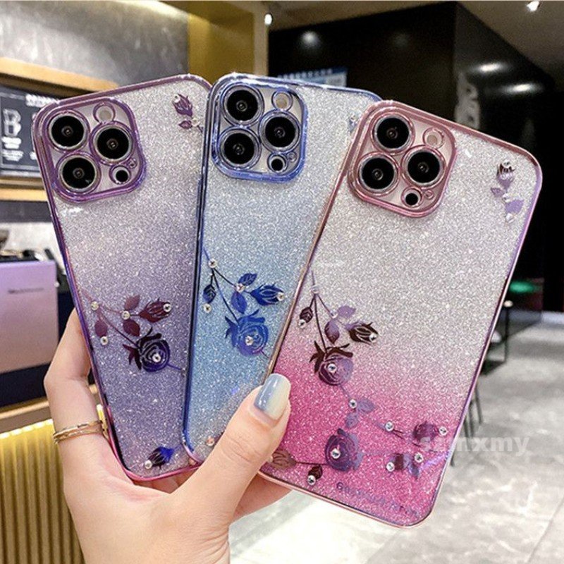 Ốp Điện Thoại Trong Suốt Chống Rơi Họa Tiết Hoa Đính Kim Cương Giả Lấp Lánh Cho Iphone 14 13 12 11 Pro Max 7 8 Plus X XR XS