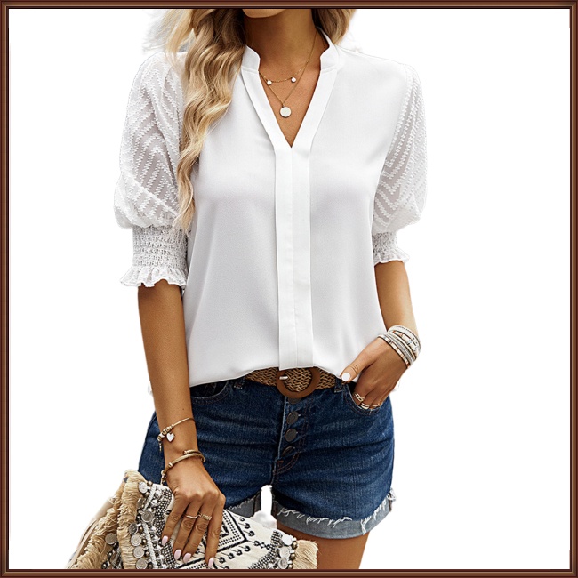 Áo Sơ Mi Tay Lửng Cổ Chữ V Xẻ Tà Màu Trơn Thời Trang Cho Nữ