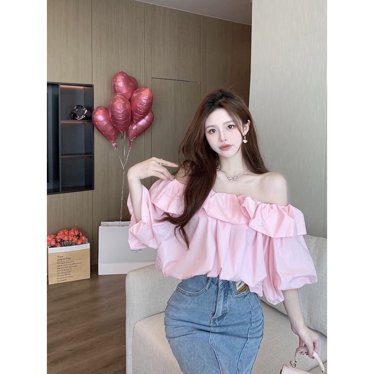 COZOK Áo peplum Trễ Vai Tay Phồng Ngắn Gợi Cảm Cho Nữ