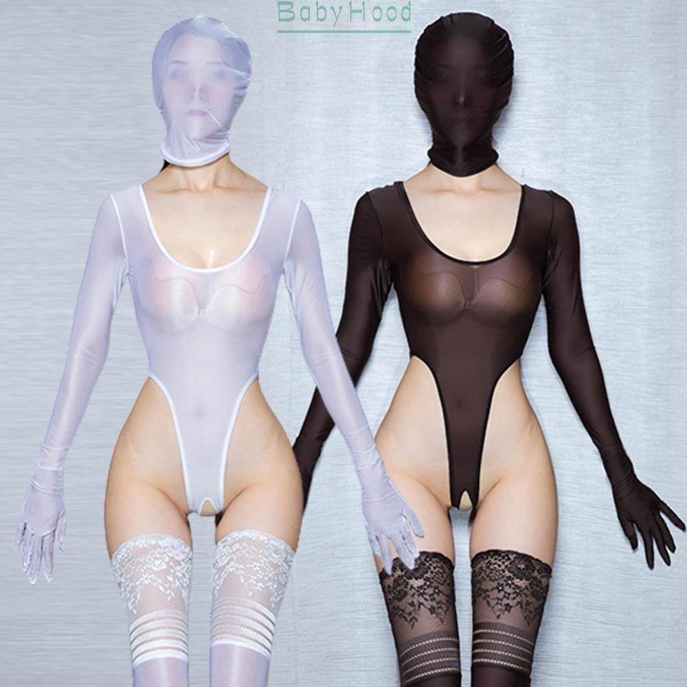 Women's Black/White Sheer Long Sleeve Bodysuit Jumpsuit Crotchless Nightwear Glossy#BBHOOD