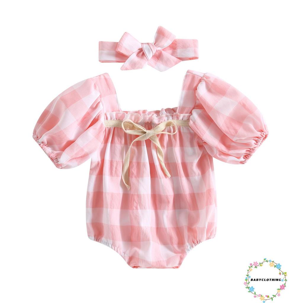 Set Áo Liền Quần Cổ Thuyền Ngắn Tay + Băng Đô Họa Tiết Ca Rô Dễ Thương Dành Cho Bé Gái